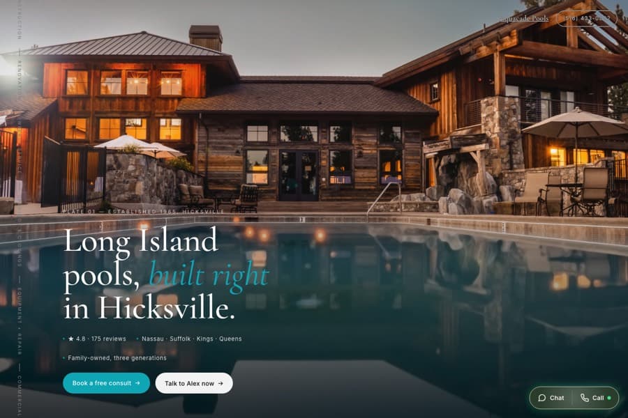 Screenshot of the live Aquacade Pools site